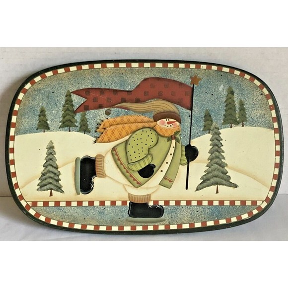 Decorated Oval Wooden Basket Lid Snowman Skating Primitive Green Christmas 9x5 - Picture 1 of 3